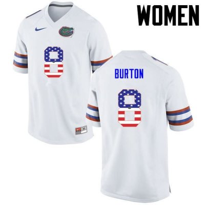 Women's Florida Gators #8 Trey Burton NCAA Nike White USA Flag Fashion Authentic Stitched College Football Jersey NXP0462DN